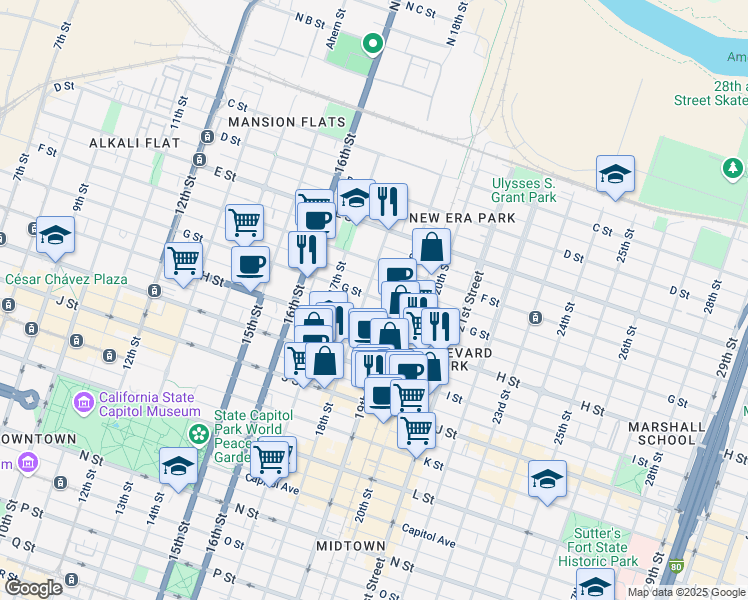 map of restaurants, bars, coffee shops, grocery stores, and more near 1820 G Street in Sacramento