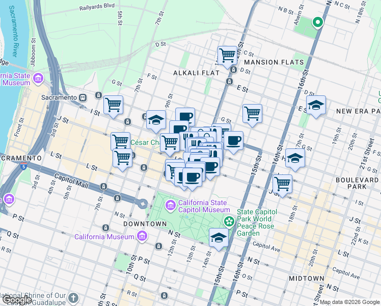 map of restaurants, bars, coffee shops, grocery stores, and more near in Sacramento