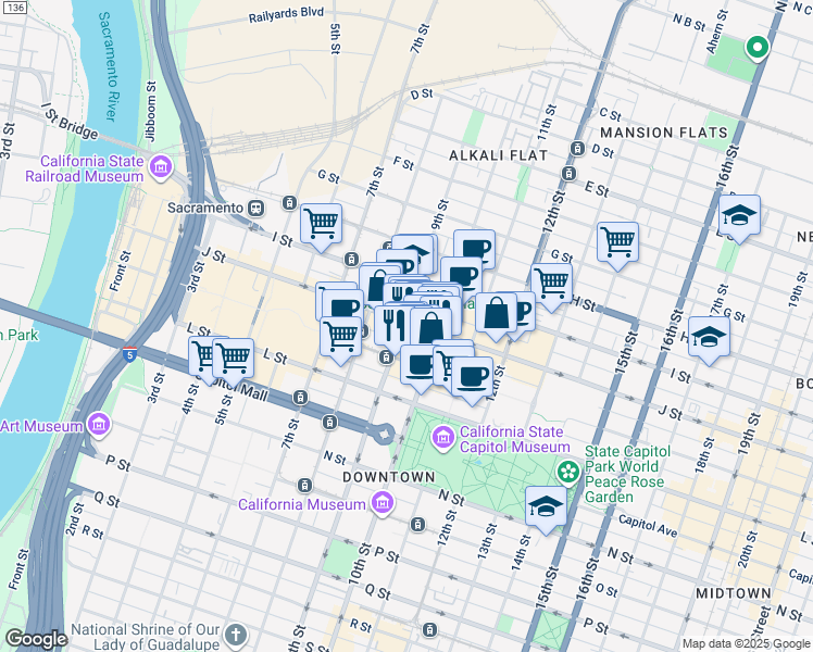 map of restaurants, bars, coffee shops, grocery stores, and more near 1010 10th Street in Sacramento