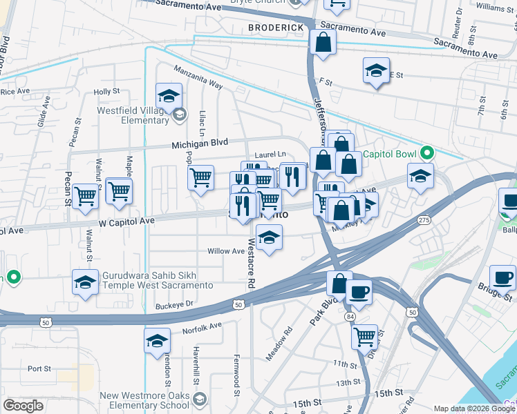 map of restaurants, bars, coffee shops, grocery stores, and more near in West Sacramento