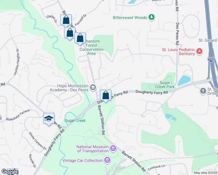 map of restaurants, bars, coffee shops, grocery stores, and more near 2814 Barrett Station Road in Ballwin