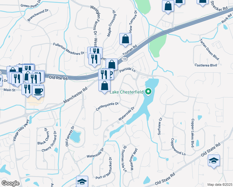 map of restaurants, bars, coffee shops, grocery stores, and more near 16419 Centerpointe Drive in Wildwood