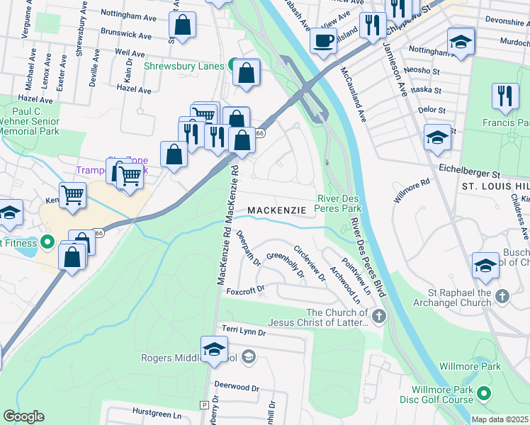 map of restaurants, bars, coffee shops, grocery stores, and more near 7112 Holly Hills Avenue in St. Louis