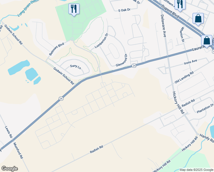 map of restaurants, bars, coffee shops, grocery stores, and more near 29356 Oxford Drive in Millsboro