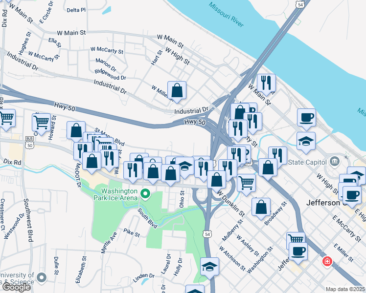 map of restaurants, bars, coffee shops, grocery stores, and more near 812 Saint Marys Boulevard in Jefferson City