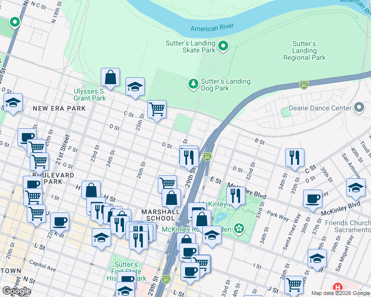 map of restaurants, bars, coffee shops, grocery stores, and more near 2822 D Street in Sacramento
