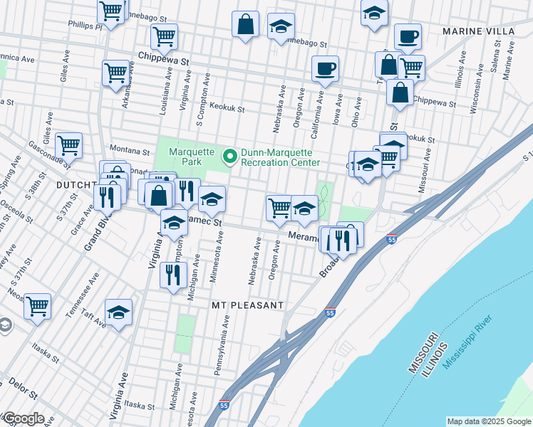 map of restaurants, bars, coffee shops, grocery stores, and more near 4134 Nebraska Avenue in St. Louis
