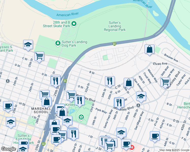 map of restaurants, bars, coffee shops, grocery stores, and more near in Sacramento