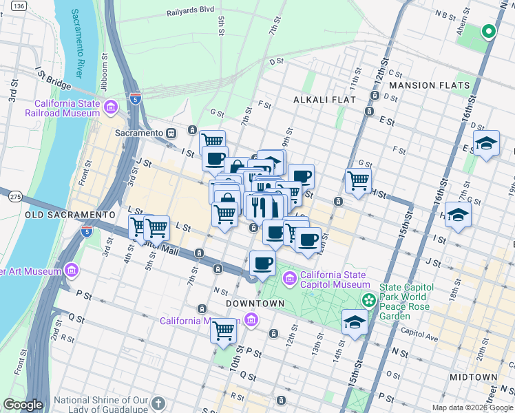 map of restaurants, bars, coffee shops, grocery stores, and more near 826 J Street in Sacramento