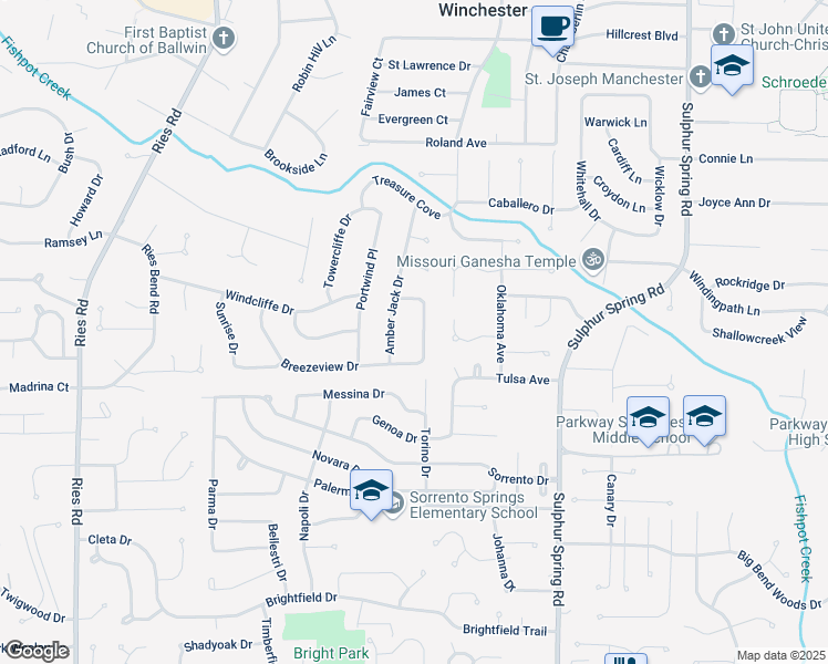 map of restaurants, bars, coffee shops, grocery stores, and more near 682 Amber Jack Drive in Ballwin