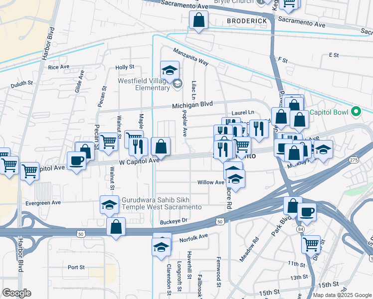 map of restaurants, bars, coffee shops, grocery stores, and more near 1915 West Capitol Avenue in West Sacramento