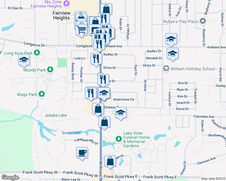 map of restaurants, bars, coffee shops, grocery stores, and more near 412 Americana Circle in Fairview Heights