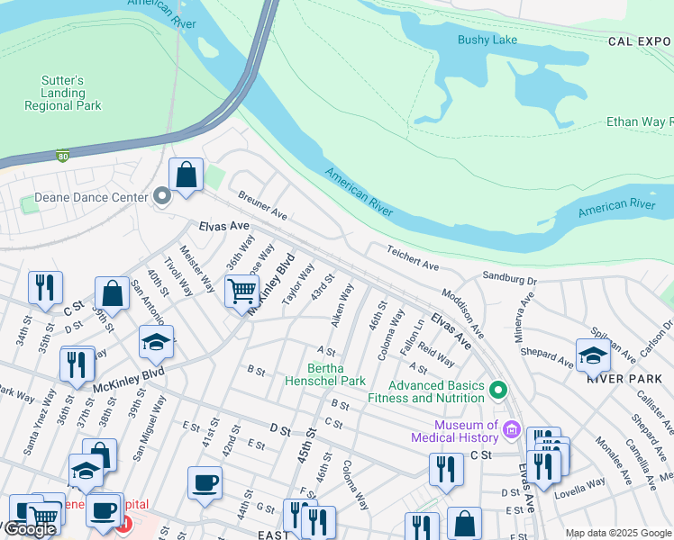 map of restaurants, bars, coffee shops, grocery stores, and more near 27 43rd Street in Sacramento