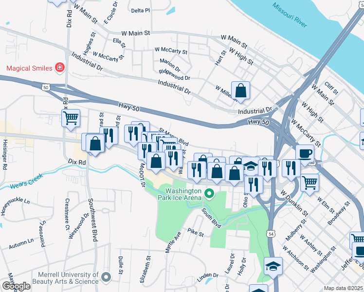 map of restaurants, bars, coffee shops, grocery stores, and more near 1401 Saint Marys Boulevard in Jefferson City