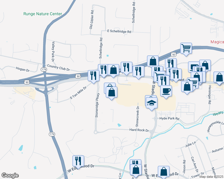map of restaurants, bars, coffee shops, grocery stores, and more near 715 Stoneridge Parkway in Jefferson City