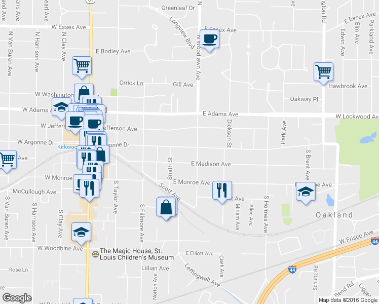 map of restaurants, bars, coffee shops, grocery stores, and more near 440 East Argonne Drive in Kirkwood