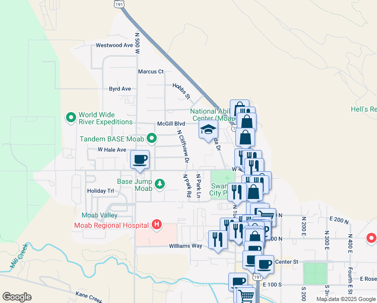 map of restaurants, bars, coffee shops, grocery stores, and more near 321 Wingate Avenue in Moab