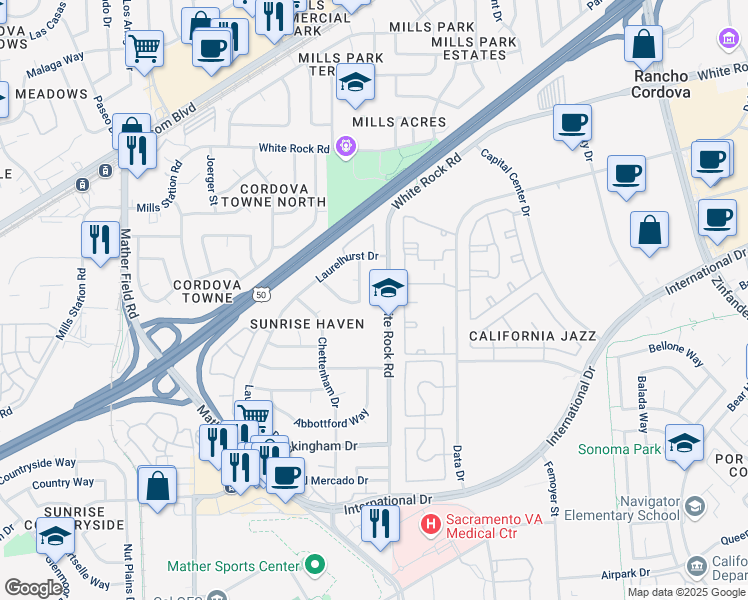 map of restaurants, bars, coffee shops, grocery stores, and more near 10371 South White Rock Road in Rancho Cordova