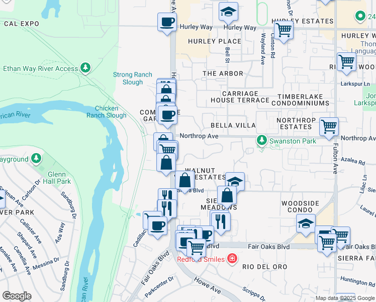 map of restaurants, bars, coffee shops, grocery stores, and more near 2229 Woodside Lane in Sacramento