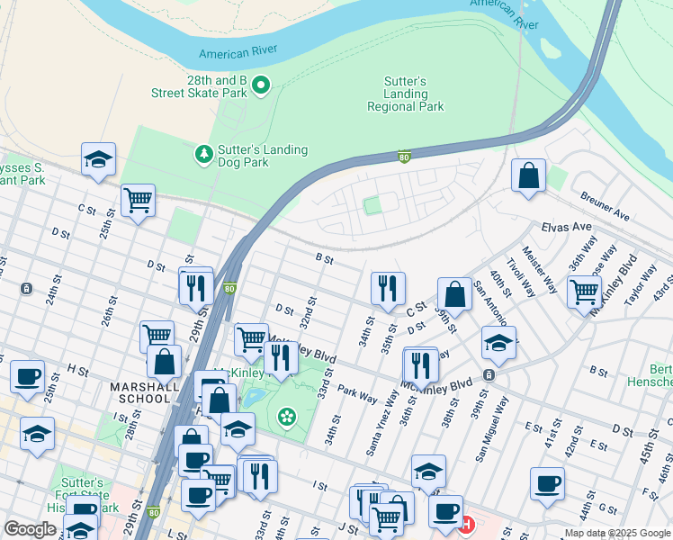 map of restaurants, bars, coffee shops, grocery stores, and more near in Sacramento