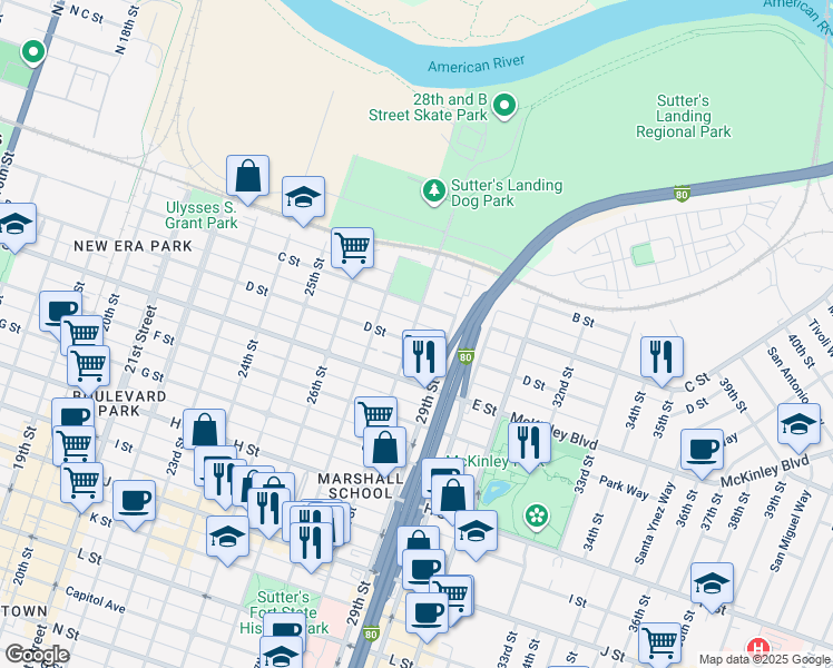 map of restaurants, bars, coffee shops, grocery stores, and more near 2822 D Street in Sacramento