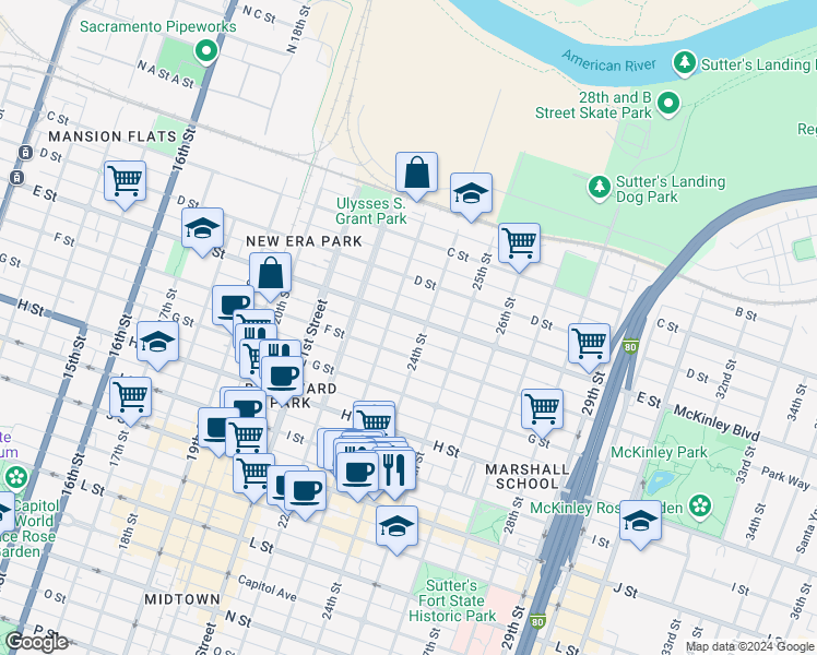 map of restaurants, bars, coffee shops, grocery stores, and more near 2321 F Street in Sacramento