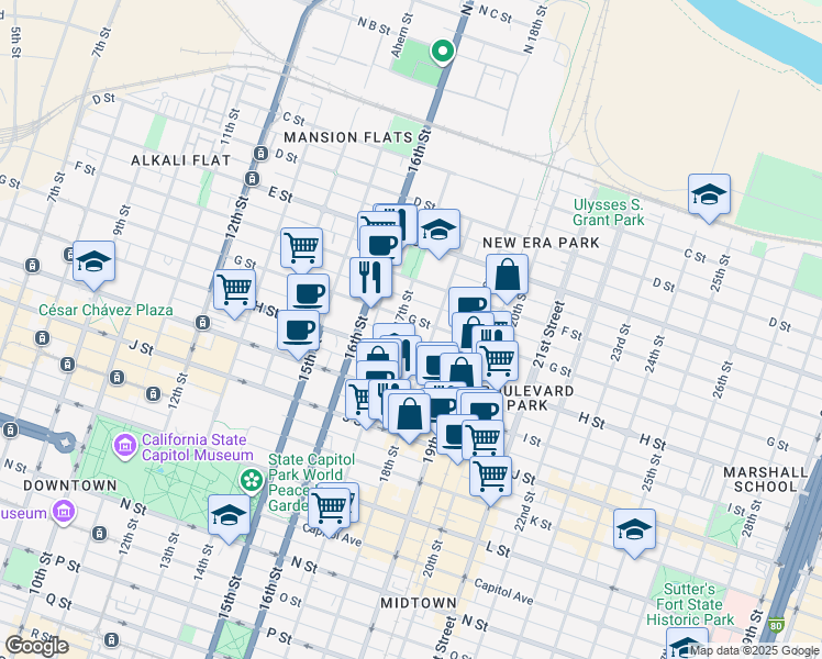map of restaurants, bars, coffee shops, grocery stores, and more near 1725 H Street in Sacramento