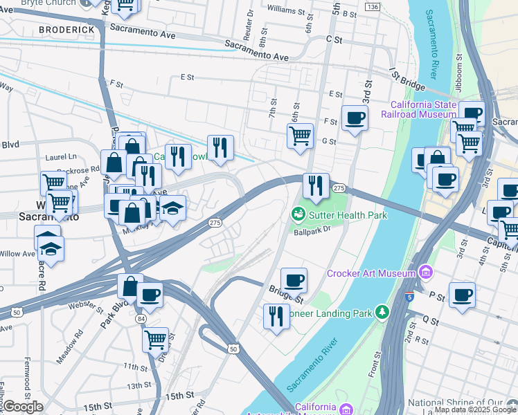 map of restaurants, bars, coffee shops, grocery stores, and more near 816 Riske Lane in West Sacramento