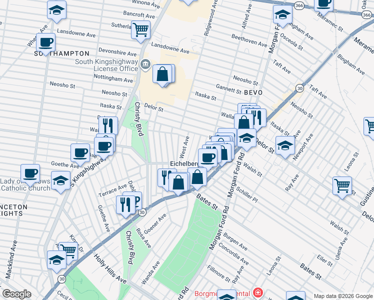 map of restaurants, bars, coffee shops, grocery stores, and more near 5369 West Avenue in St. Louis