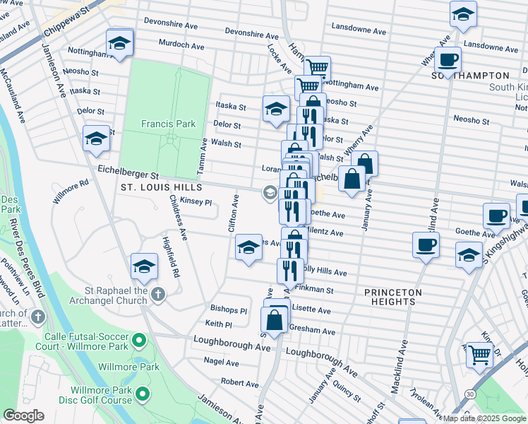 map of restaurants, bars, coffee shops, grocery stores, and more near 5839 Rhodes Avenue in St. Louis