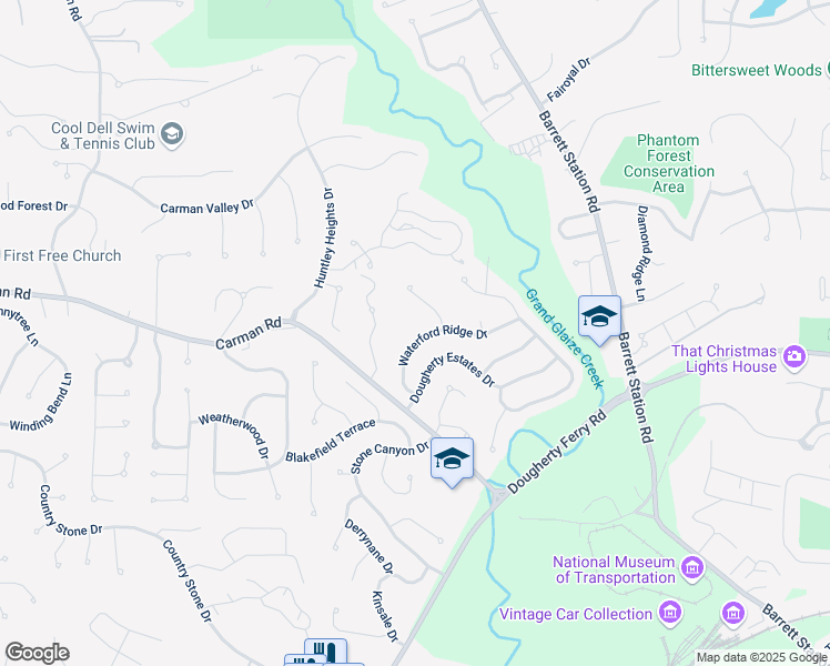 map of restaurants, bars, coffee shops, grocery stores, and more near 655 Waterford Ridge Drive in Ballwin
