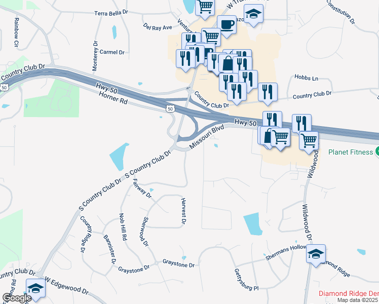 map of restaurants, bars, coffee shops, grocery stores, and more near 701 South Country Club Drive in Jefferson City