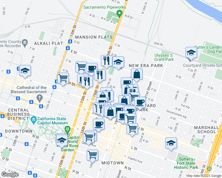 map of restaurants, bars, coffee shops, grocery stores, and more near 1710 G Street in Sacramento