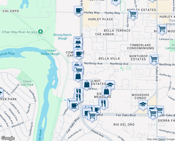map of restaurants, bars, coffee shops, grocery stores, and more near 2229 Woodside Lane in Sacramento
