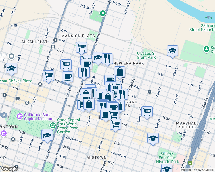 map of restaurants, bars, coffee shops, grocery stores, and more near 1821 G Street in Sacramento