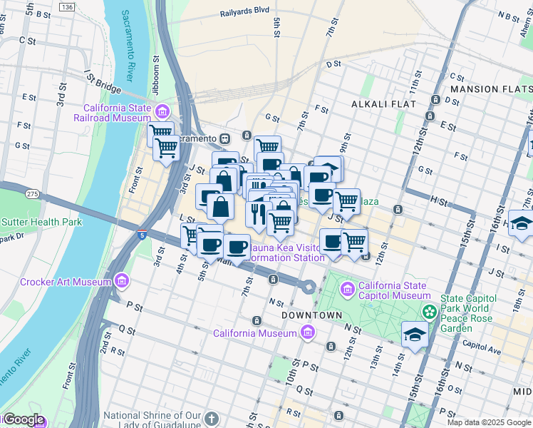 map of restaurants, bars, coffee shops, grocery stores, and more near 630 K Street in Sacramento