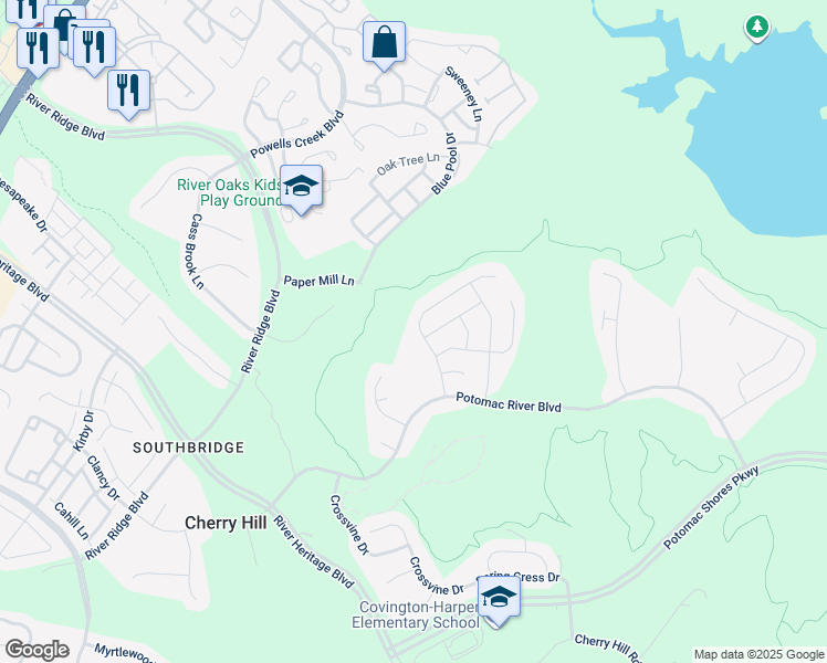 map of restaurants, bars, coffee shops, grocery stores, and more near 16988 Takeaway Lane in Dumfries