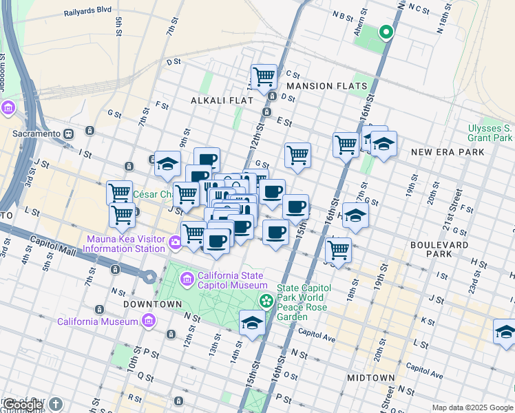 map of restaurants, bars, coffee shops, grocery stores, and more near in Sacramento