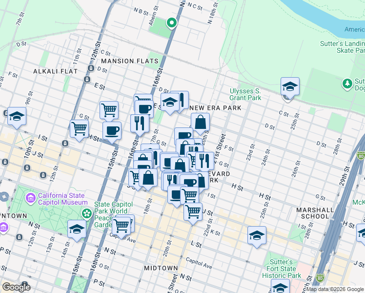 map of restaurants, bars, coffee shops, grocery stores, and more near 630 19th Street in Sacramento
