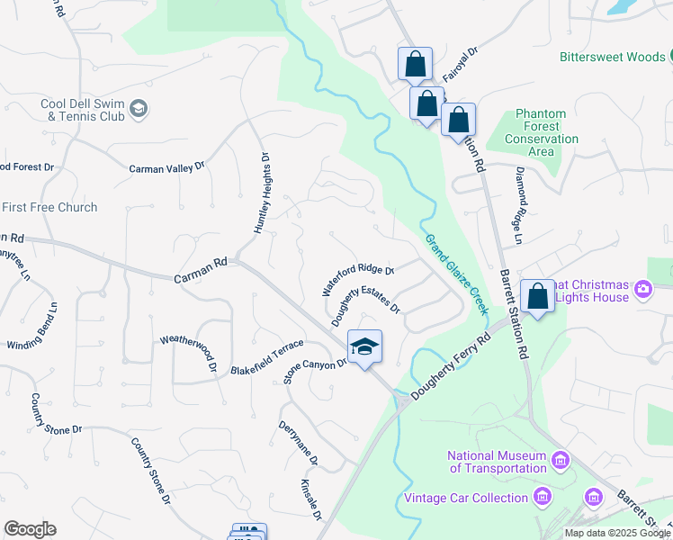map of restaurants, bars, coffee shops, grocery stores, and more near 655 Waterford Ridge Drive in Ballwin