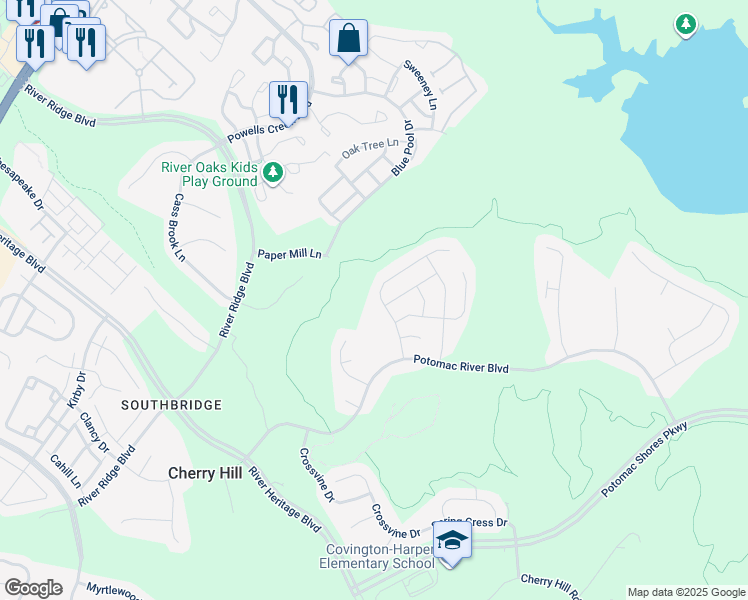 map of restaurants, bars, coffee shops, grocery stores, and more near 16988 Takeaway Lane in Dumfries