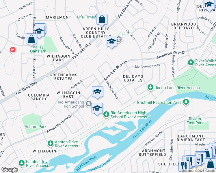 map of restaurants, bars, coffee shops, grocery stores, and more near 730 Whitehall Way in Sacramento