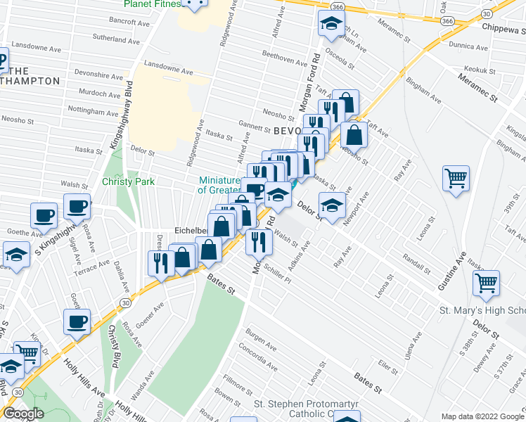 map of restaurants, bars, coffee shops, grocery stores, and more near 5031 Gravois Ave in St Louis
