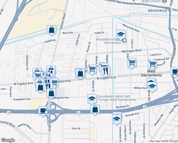 map of restaurants, bars, coffee shops, grocery stores, and more near 2400 West Capitol Avenue in West Sacramento