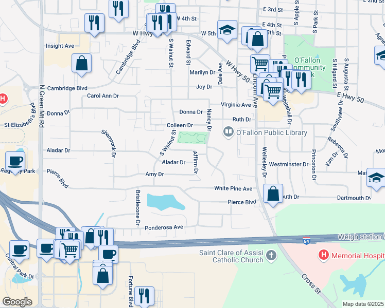 map of restaurants, bars, coffee shops, grocery stores, and more near 1210 Affirm Drive in O'Fallon