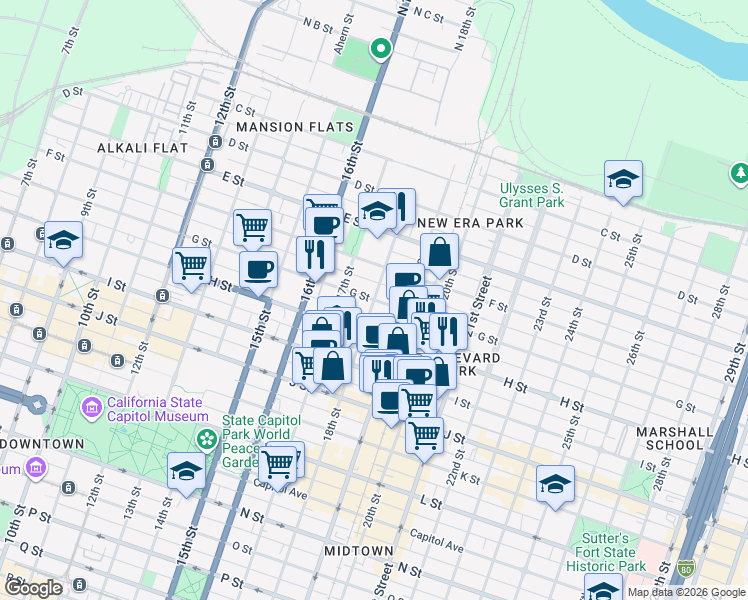 map of restaurants, bars, coffee shops, grocery stores, and more near 18th St & G St in Sacramento