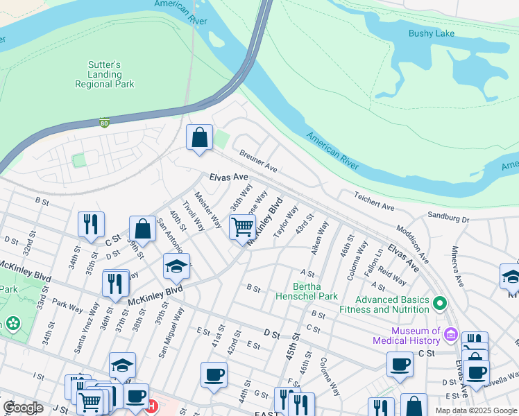 map of restaurants, bars, coffee shops, grocery stores, and more near 4123 McKinley Boulevard in Sacramento