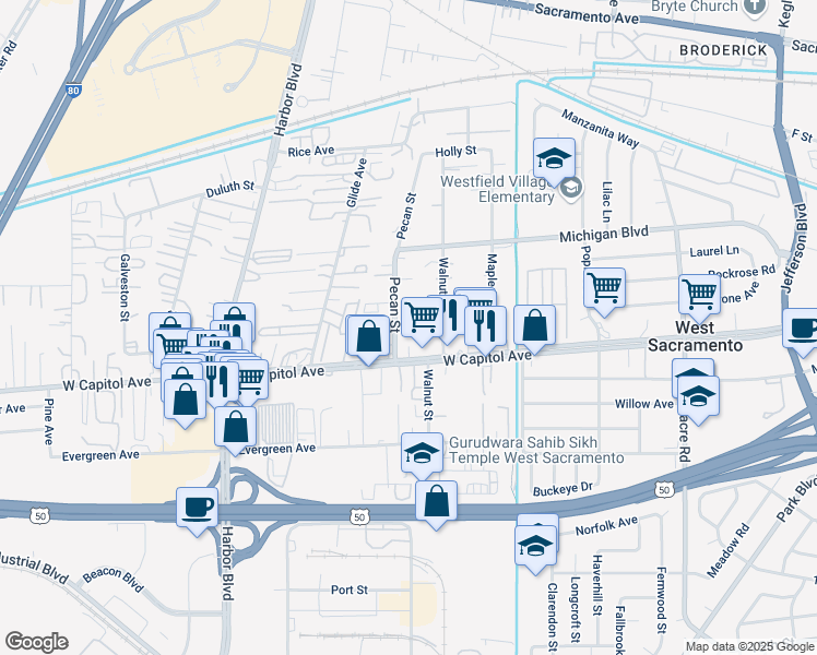 map of restaurants, bars, coffee shops, grocery stores, and more near 2400 West Capitol Avenue in West Sacramento