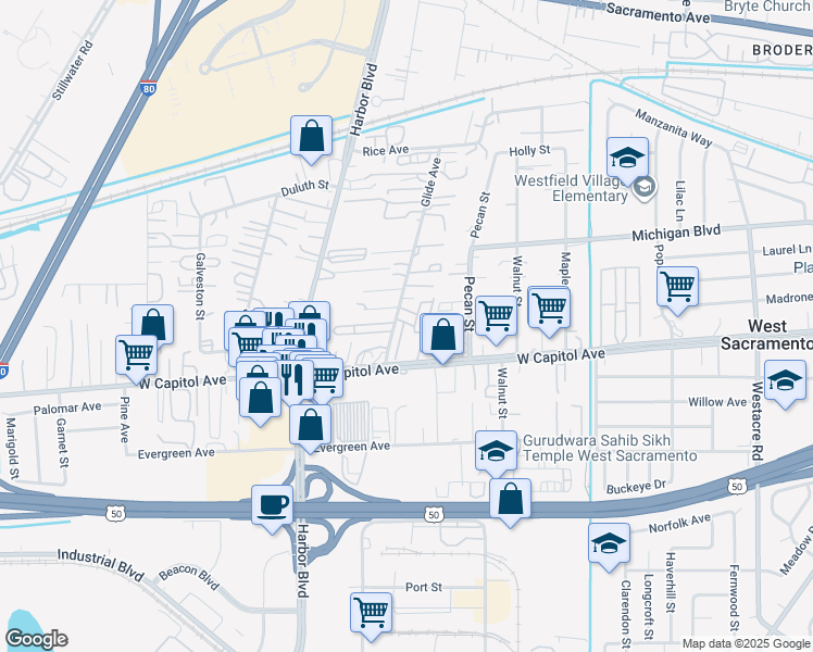 map of restaurants, bars, coffee shops, grocery stores, and more near 2540 West Capitol Avenue in West Sacramento