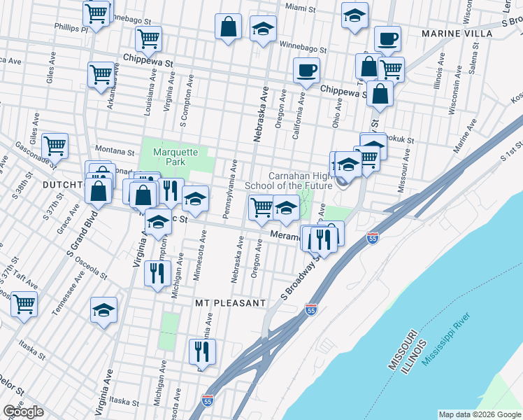map of restaurants, bars, coffee shops, grocery stores, and more near 2821 Meramec Street in St. Louis